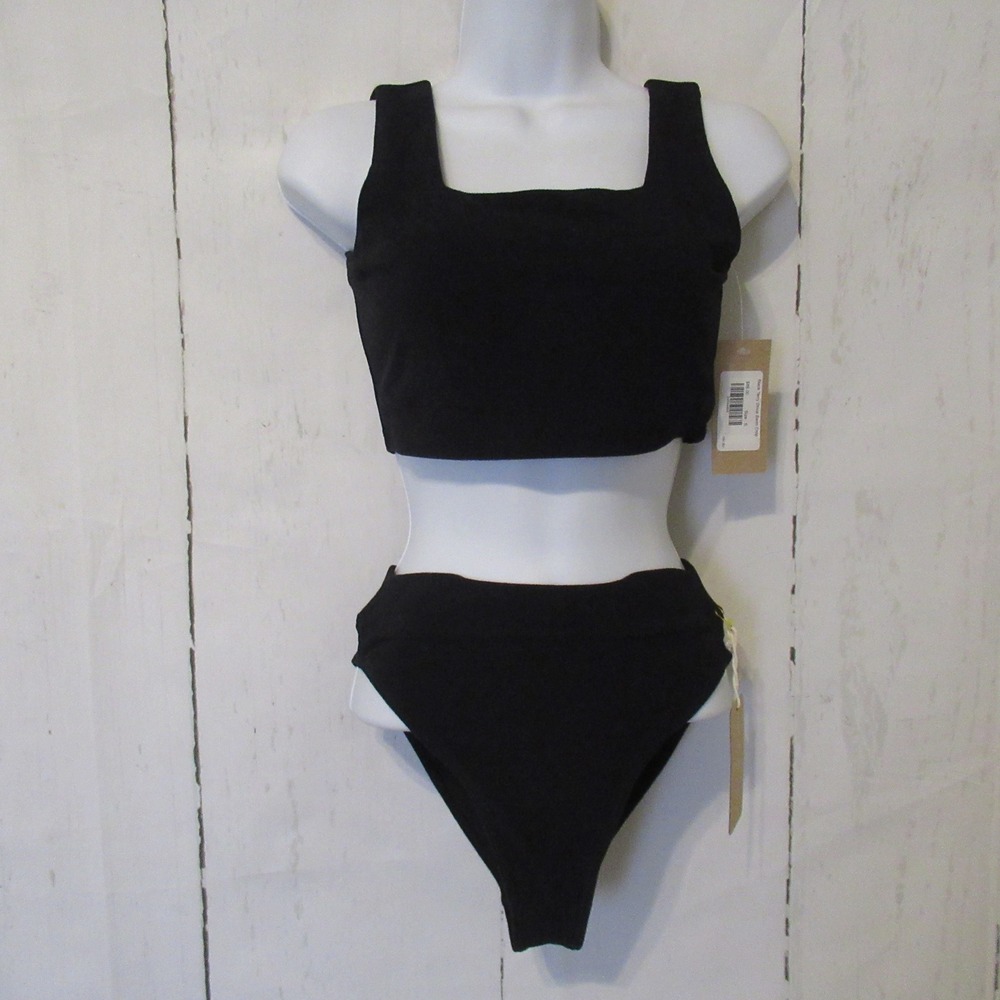 Albion Swimsuit S Black Terry Bikini High Waisted Top Bottom Minimalist 3 Piecs